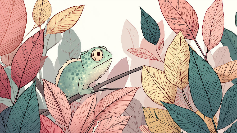 Detailed chameleon and foliage mural wallpaper design pattern with pastel colors by Kids-Mundo