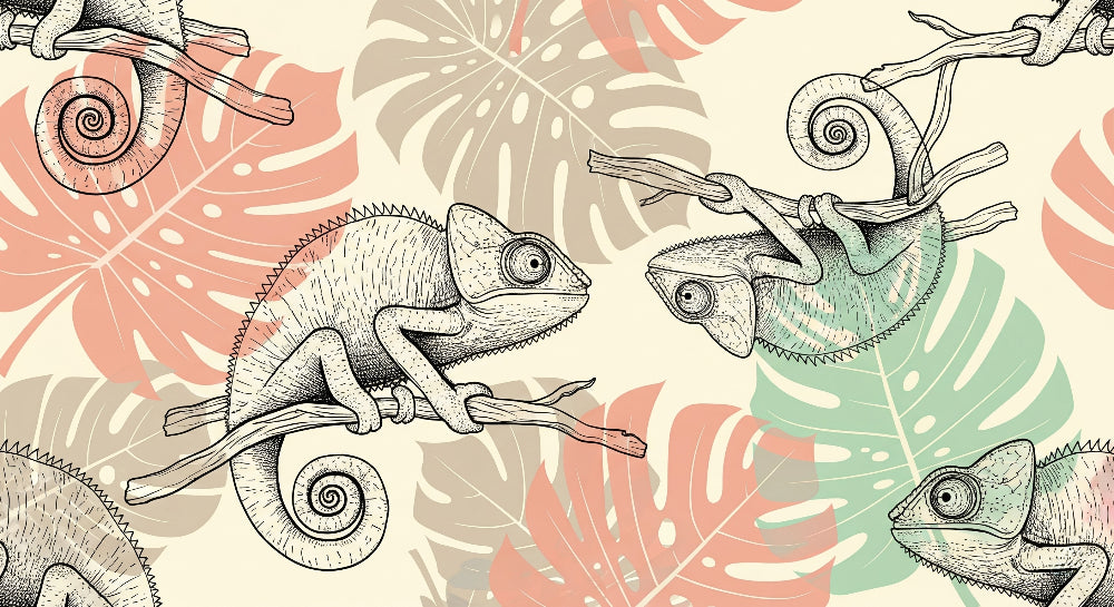 Detailed chameleon and tropical leaves mural wallpaper design pattern by Kids-Mundo