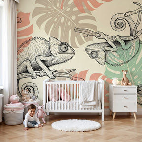 Tropical chameleon mural wallpaper creating natural nursery decor with pink and green leaves by Kids-Mundo