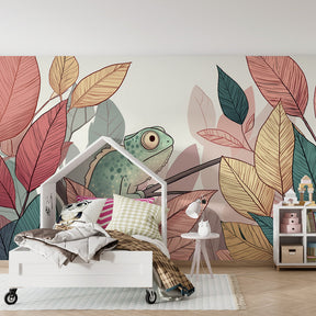 Colorful chameleon and leaf wallpaper transforming kids playroom into nature sanctuary