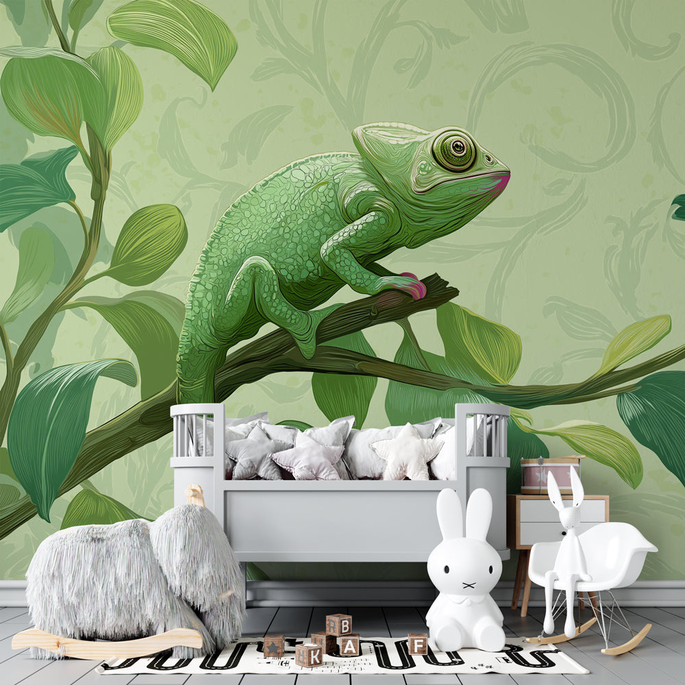 Tropical chameleon mural wallpaper transforming kids playroom with educational wildlife theme