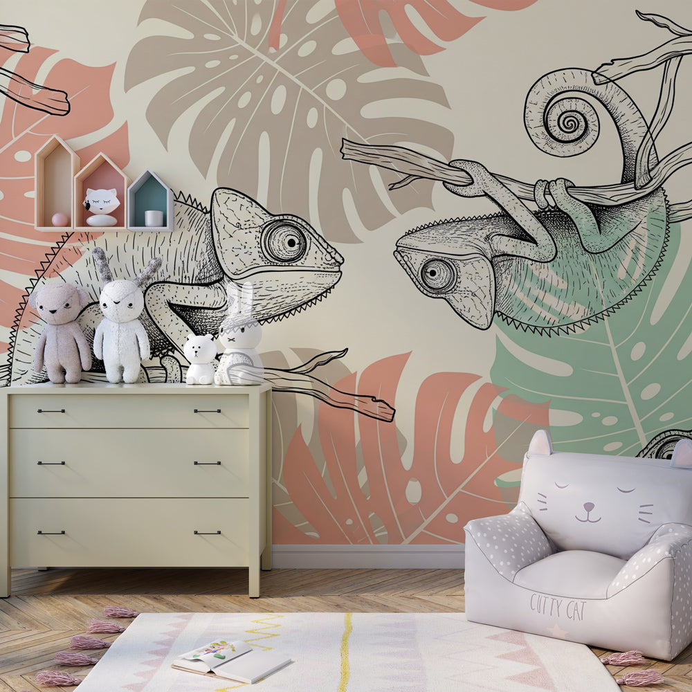 Nature-themed chameleon mural wallpaper transforming kids playroom into jungle sanctuary