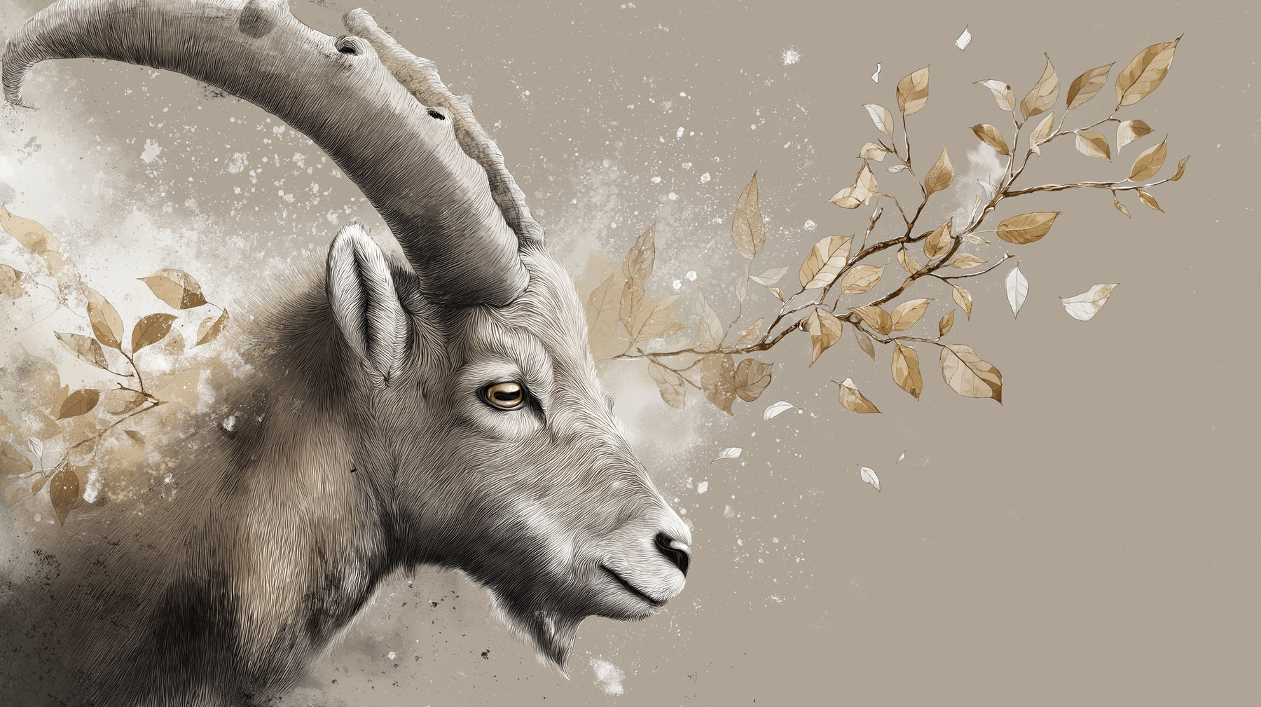 Detailed chamois head with botanical foliage mural wallpaper design pattern by Kids-Mundo