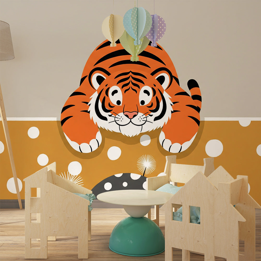 Kids-Mundo tiger cub wall mural with mustard polka dots in a lively kids bedroom space