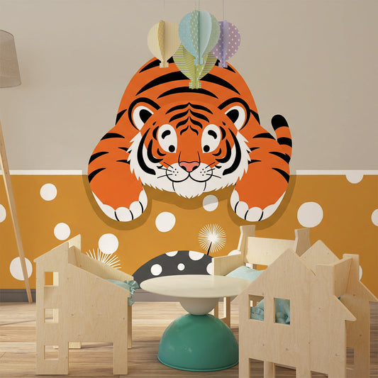 Kids-Mundo tiger cub wall mural with mustard polka dots in a lively kids bedroom space