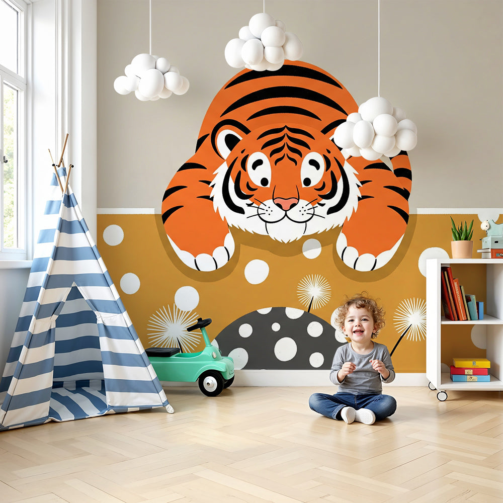 Kids-Mundo cheeky tiger cub mural peeking over a spotted wall in a calm nursery room