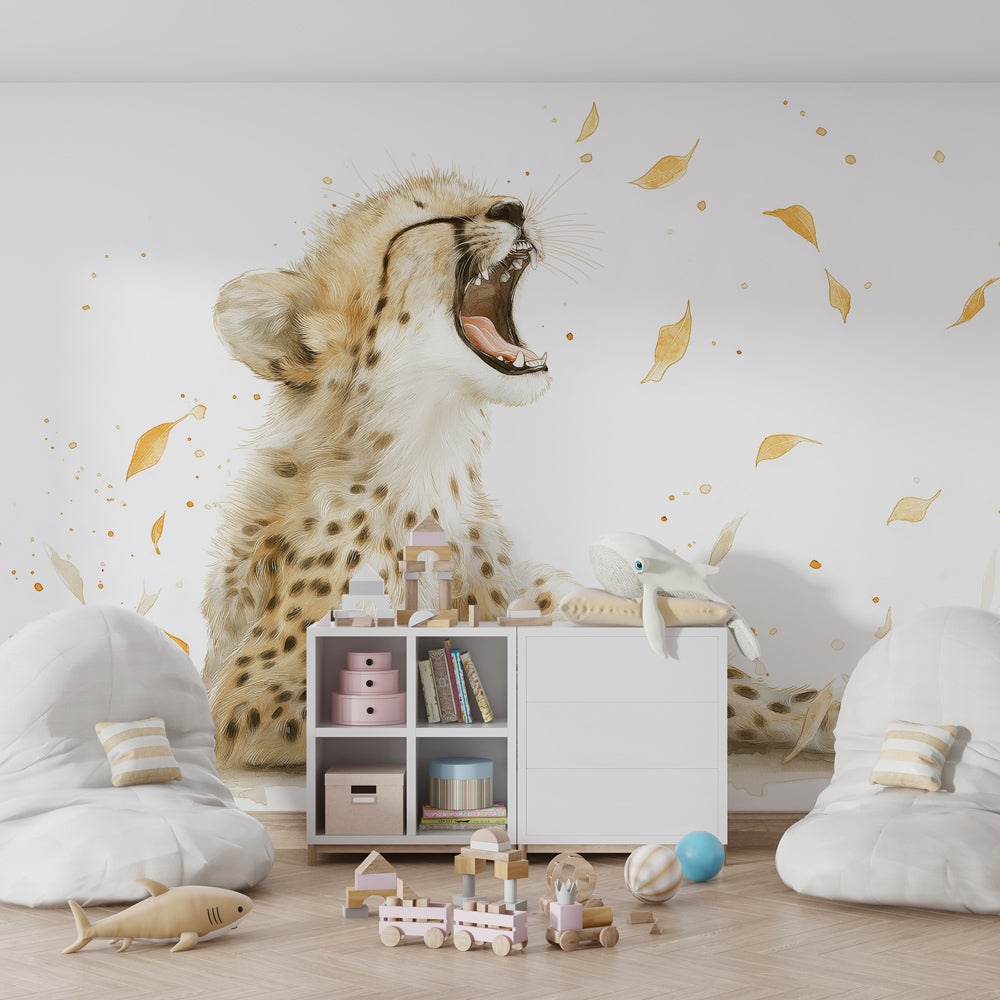 Golden leaves cheetah mural wallpaper transforming kids playroom into safari adventure
