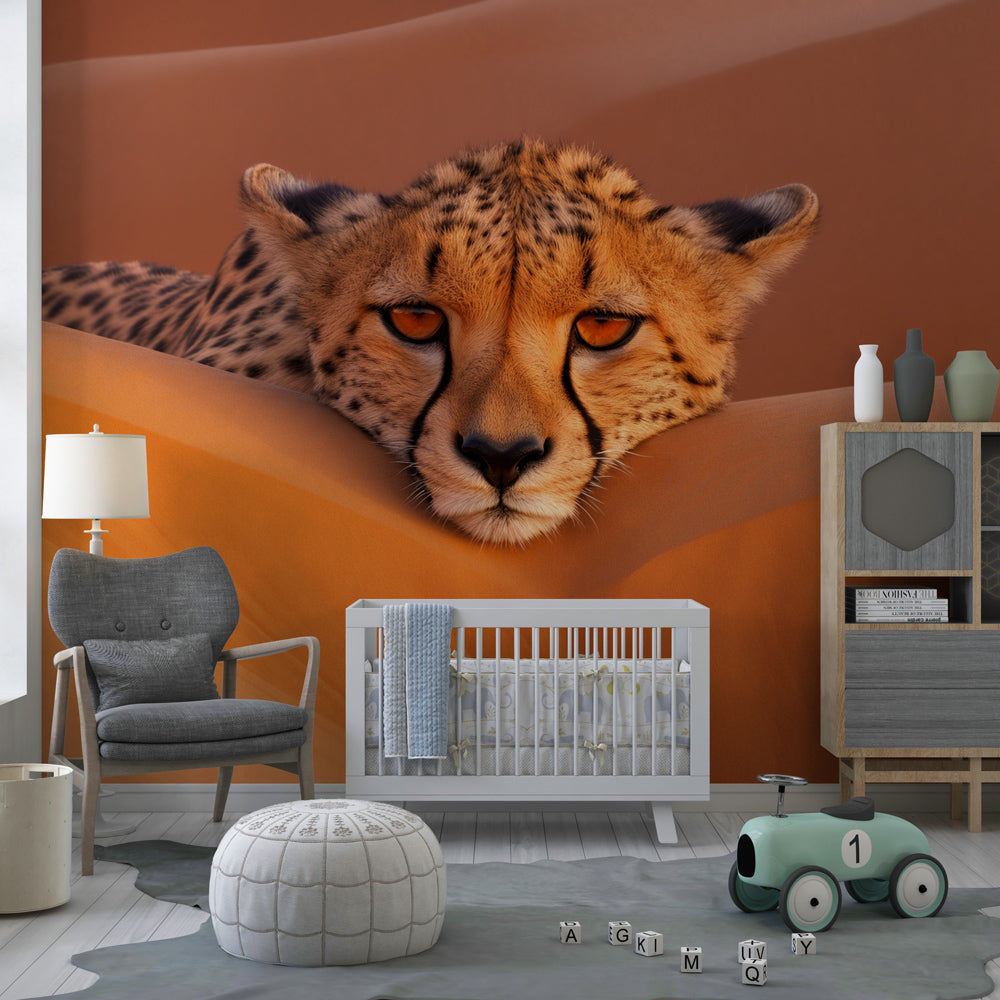 Desert cheetah wallpaper transforming kids bedroom with warm orange tones and wildlife theme
