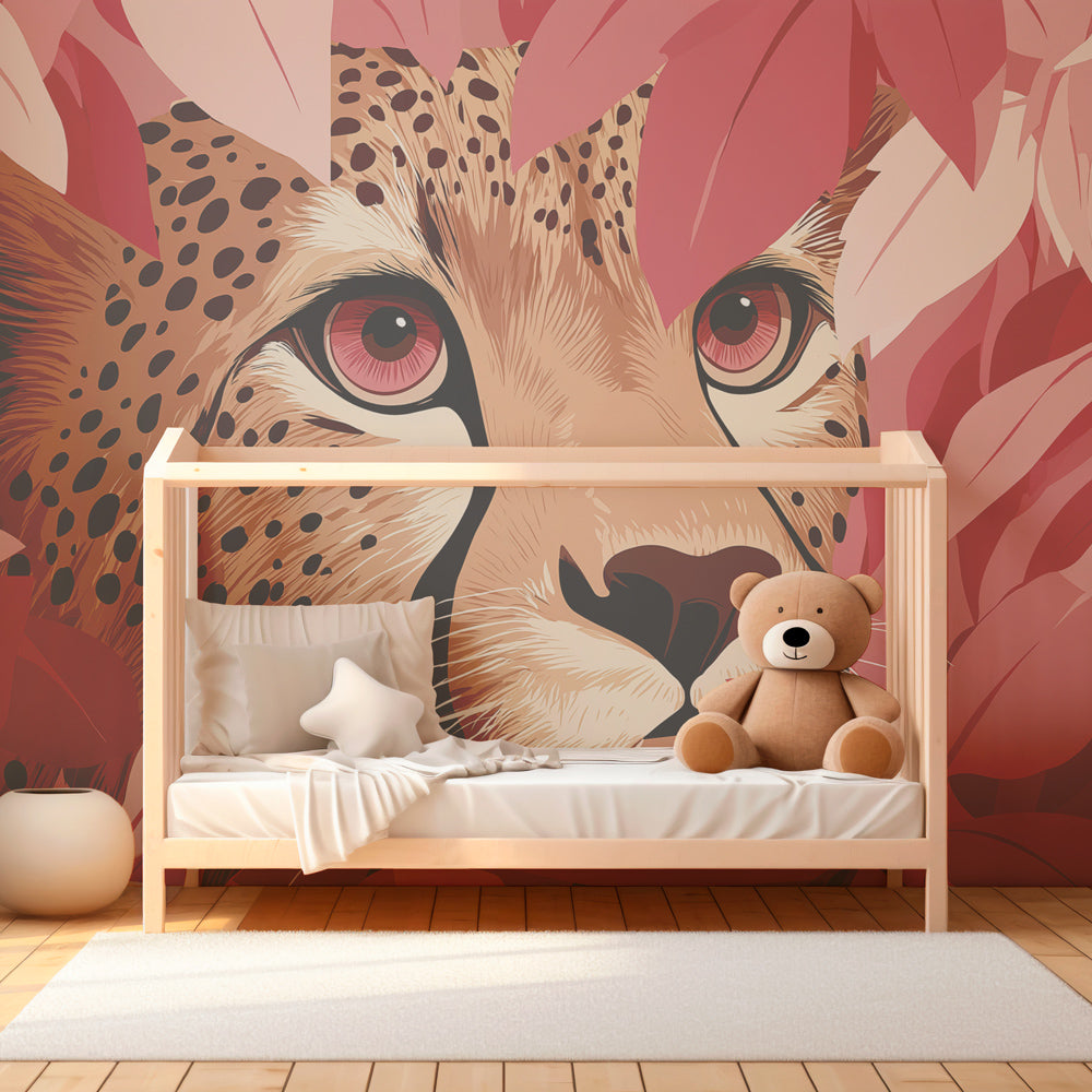 Safari animal wallpaper featuring cheetah and tropical foliage in kids bedroom setting