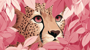 Detailed cheetah jungle mural wallpaper design pattern with pink botanical foliage by Kids-Mundo