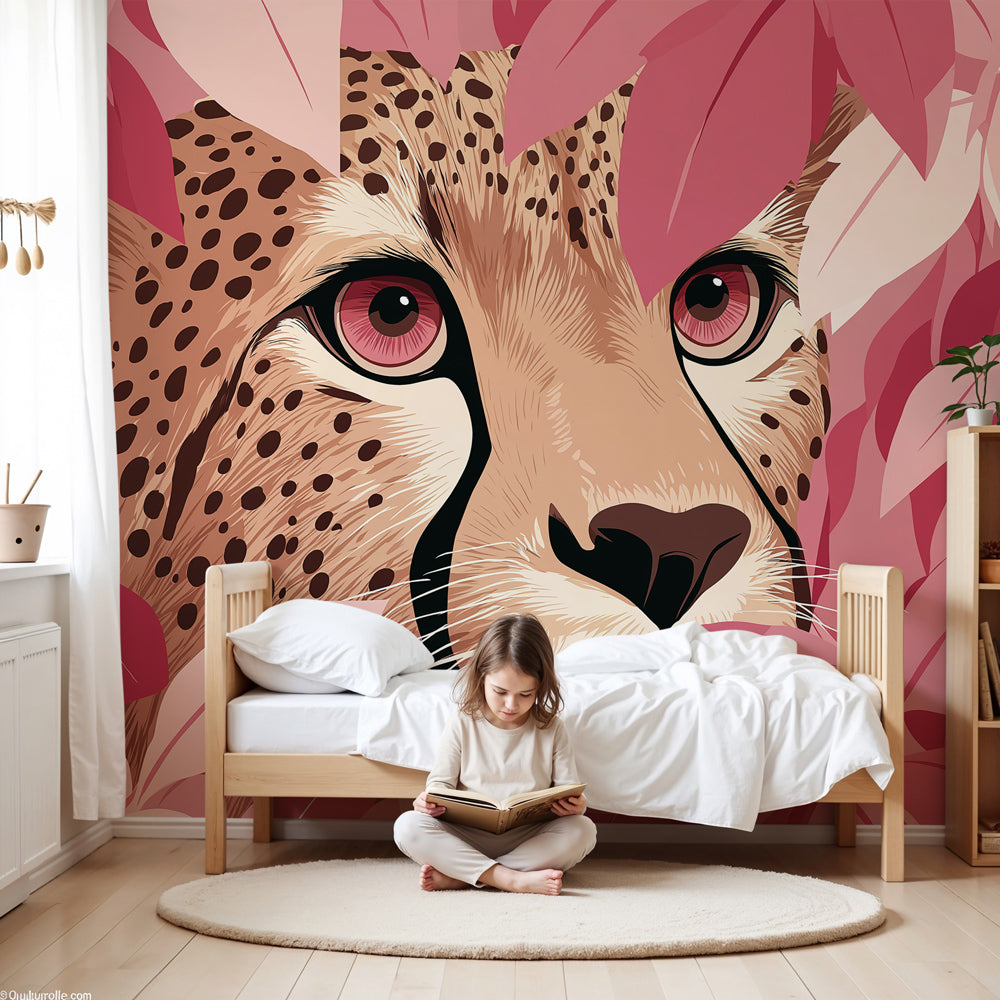 Cheetah jungle mural wallpaper in modern nursery with pink botanical safari design by Kids-Mundo