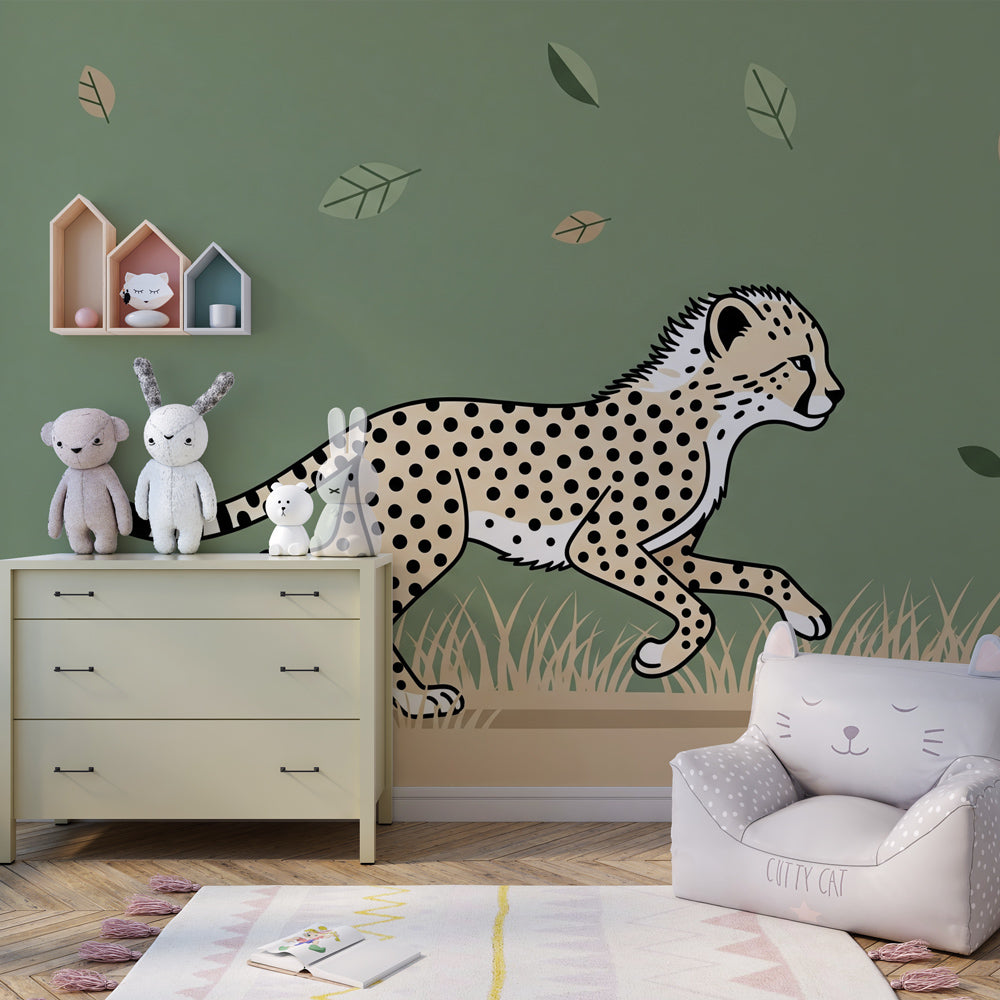 Running cheetah wallpaper transforming children's bedroom into adventure-themed space