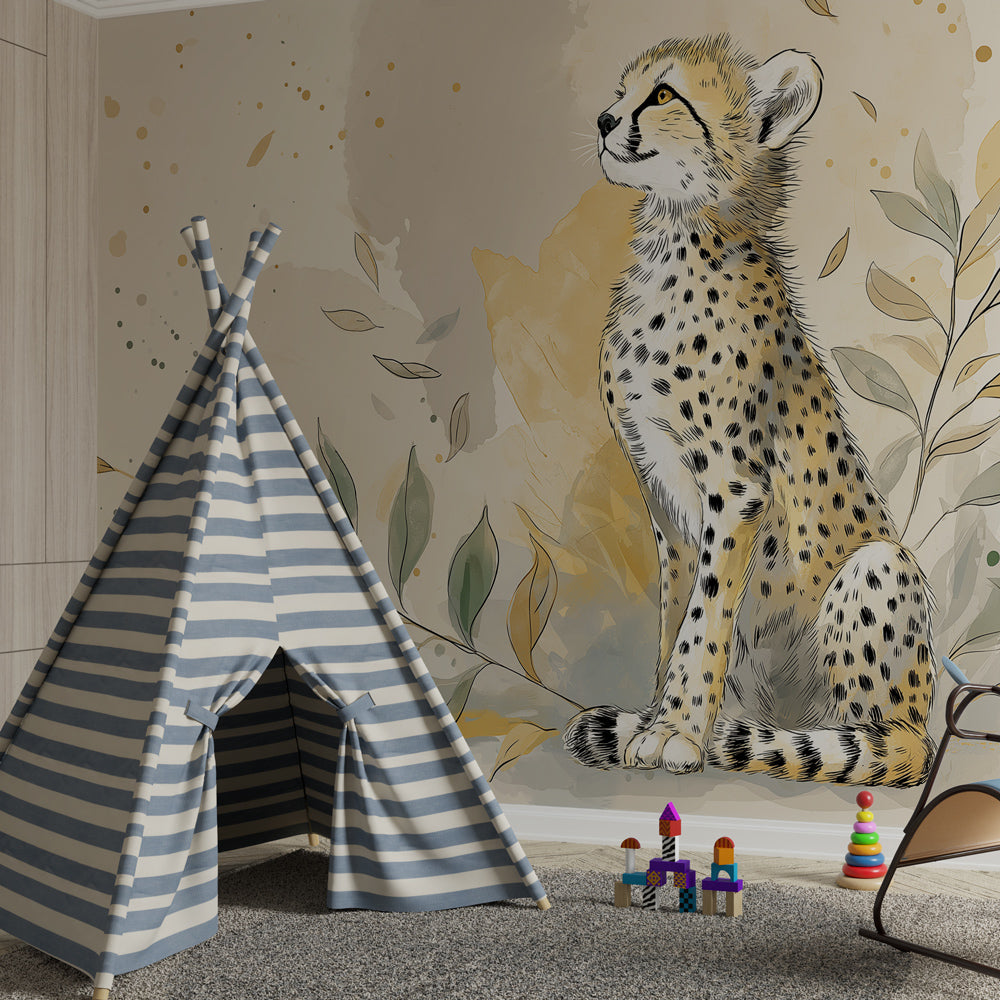 Safari animal wallpaper with cheetah design transforming children's bedroom into nature sanctuary