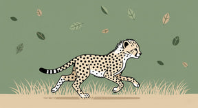 Detailed cheetah mural wallpaper design pattern with running feline and swirling leaves by Kids-Mundo