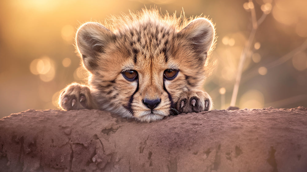 Detailed cheetah cub mural wallpaper design pattern with spotted coat and golden savanna background