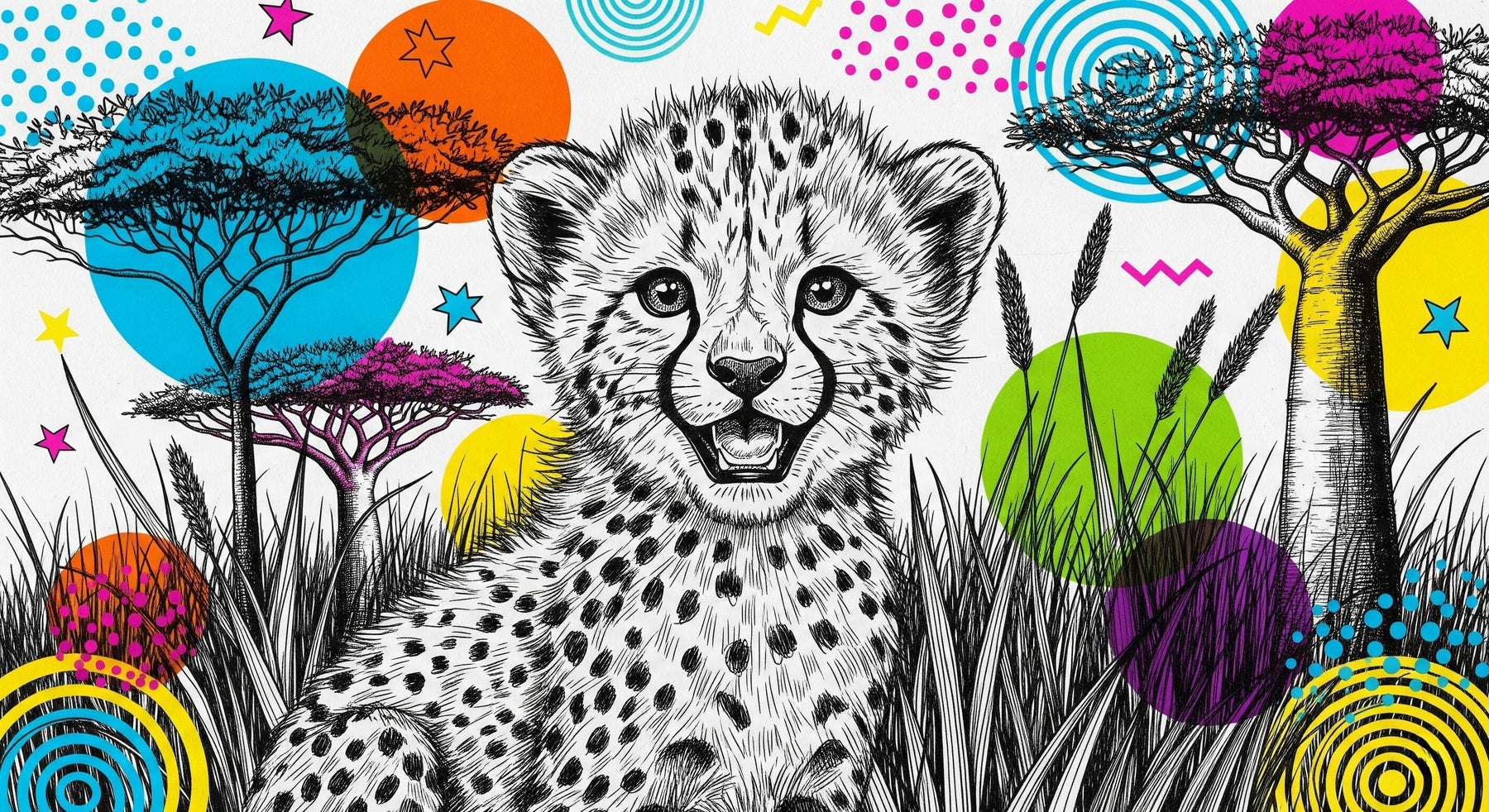 Detailed cheetah safari mural wallpaper design pattern with geometric shapes by Kids-Mundo