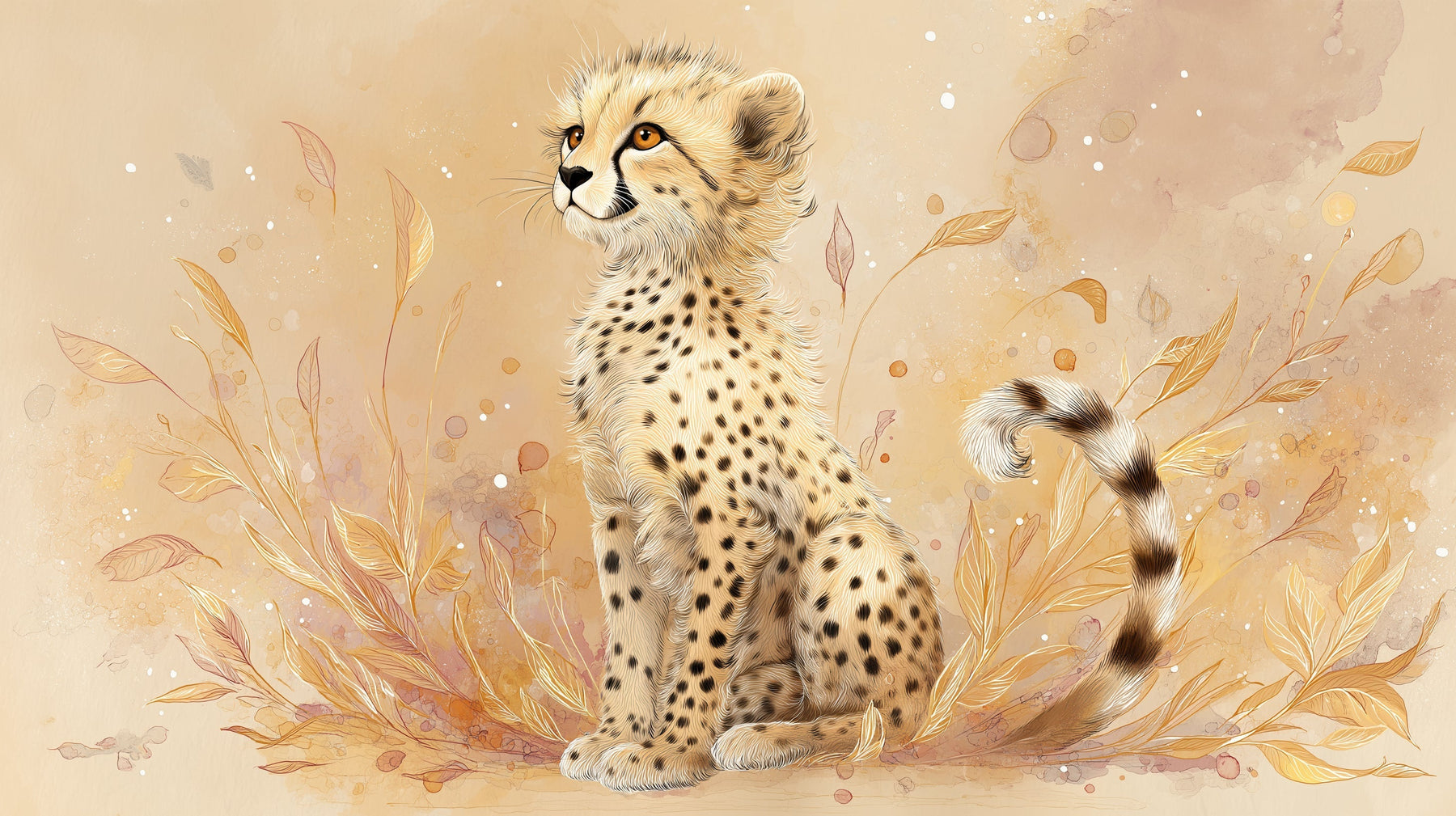 Detailed cheetah cub mural wallpaper design pattern with foliage elements by Kids-Mundo