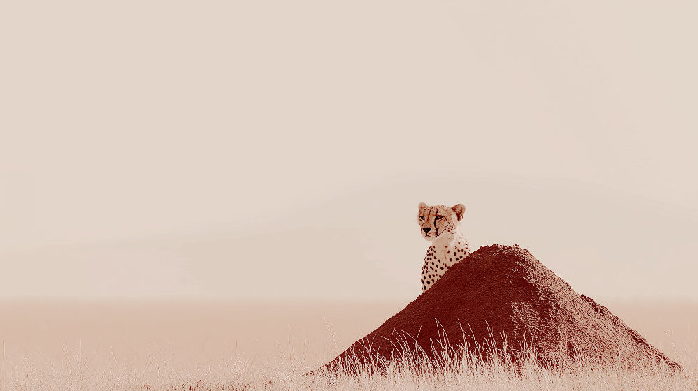 Detailed cheetah mural wallpaper design pattern showing curious big cat on earthen mound by Kids-Mundo