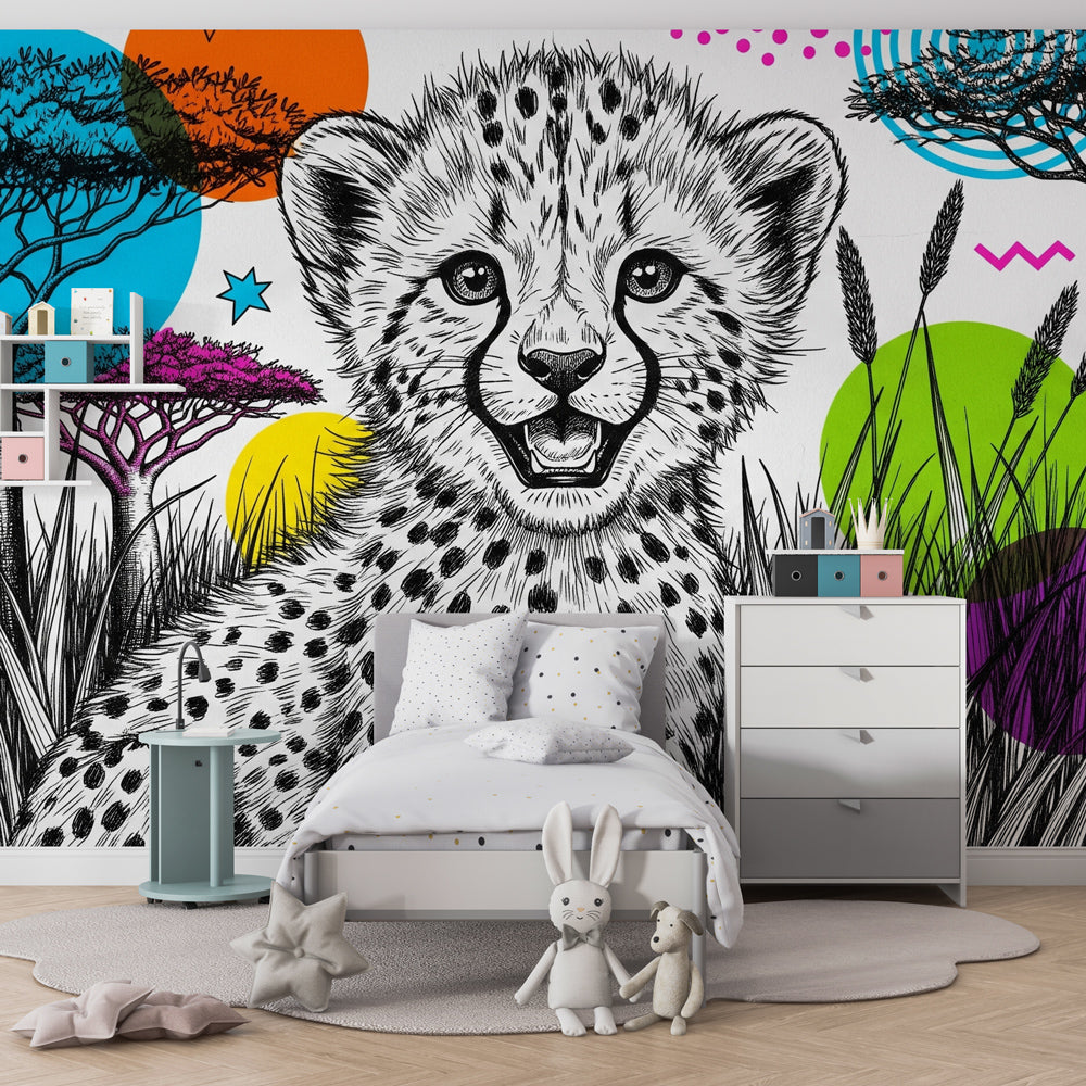 Safari cheetah wallpaper transforming modern children's bedroom with geometric patterns