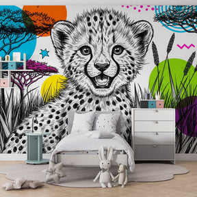 Safari cheetah wallpaper transforming modern children's bedroom with geometric patterns