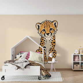 Sweet cheetah cub wallpaper transforming children's bedroom into wildlife sanctuary with soft beige tones