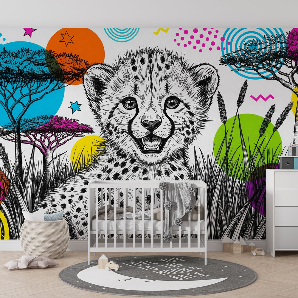 Animal-themed cheetah mural wallpaper bringing adventure to colorful kids playroom