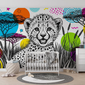 Animal-themed cheetah mural wallpaper bringing adventure to colorful kids playroom