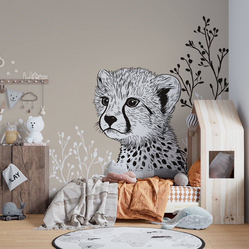 African cheetah mural wallpaper transforming kids playroom with botanical elements
