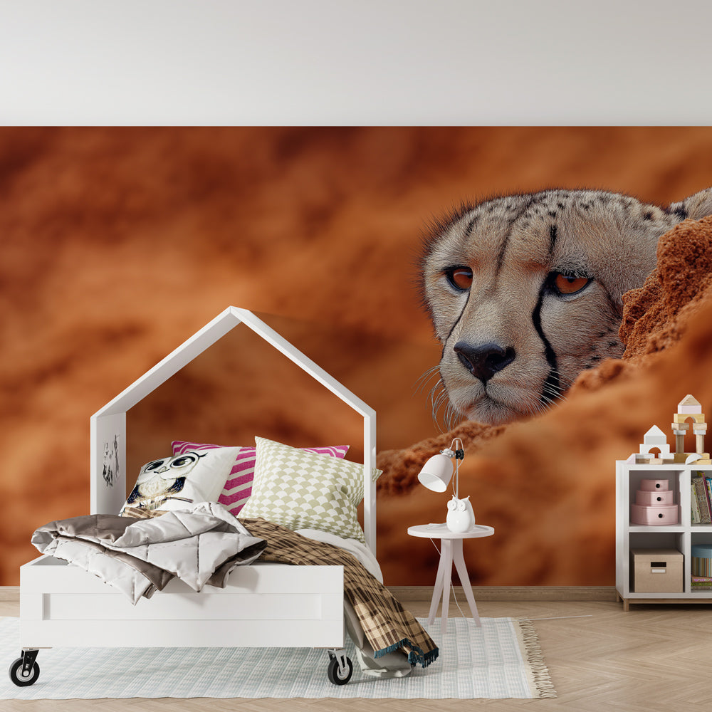 Desert cheetah mural wallpaper for children's playroom with warm earthy safari colors