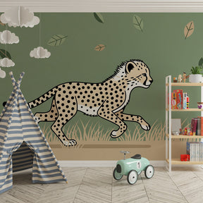 Safari animal mural wallpaper with botanical elements in bright kids playroom setting