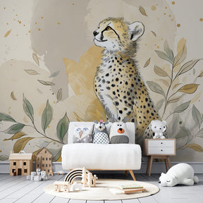 Elegant cheetah wallpaper with botanical elements creating warm playroom environment for kids