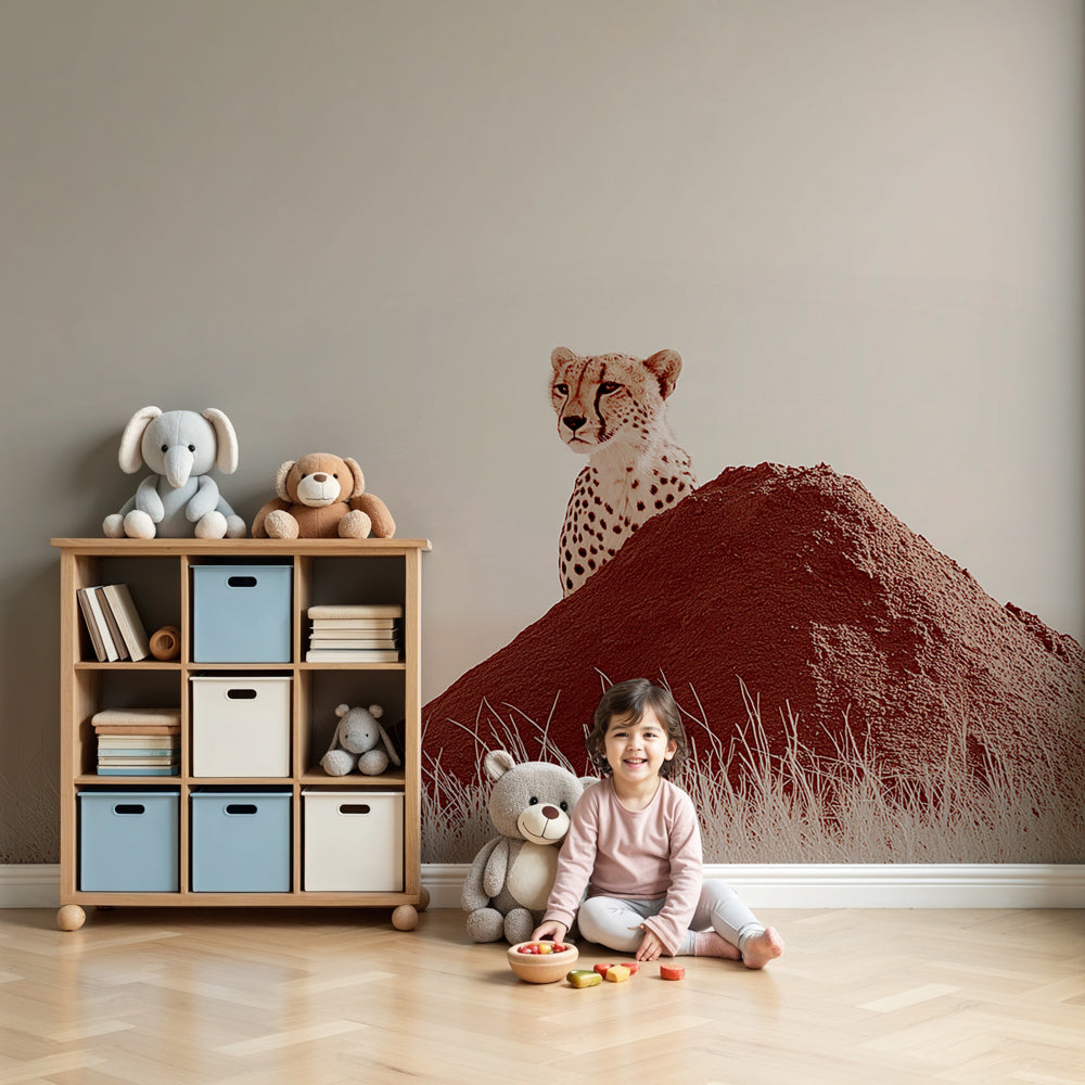 Cheetah mural wallpaper creating safari themed nursery decor with warm earth tones by Kids-Mundo