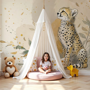 Young cheetah mural wallpaper creating serene safari atmosphere in modern kids nursery by Kids-Mundo