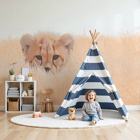 Cheetah safari mural wallpaper creating adventurous atmosphere in modern kids nursery by Kids-Mundo
