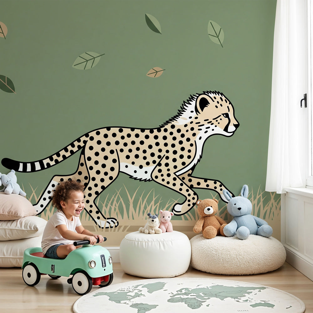 Cheetah mural wallpaper creating wild safari atmosphere in modern kids nursery by Kids-Mundo
