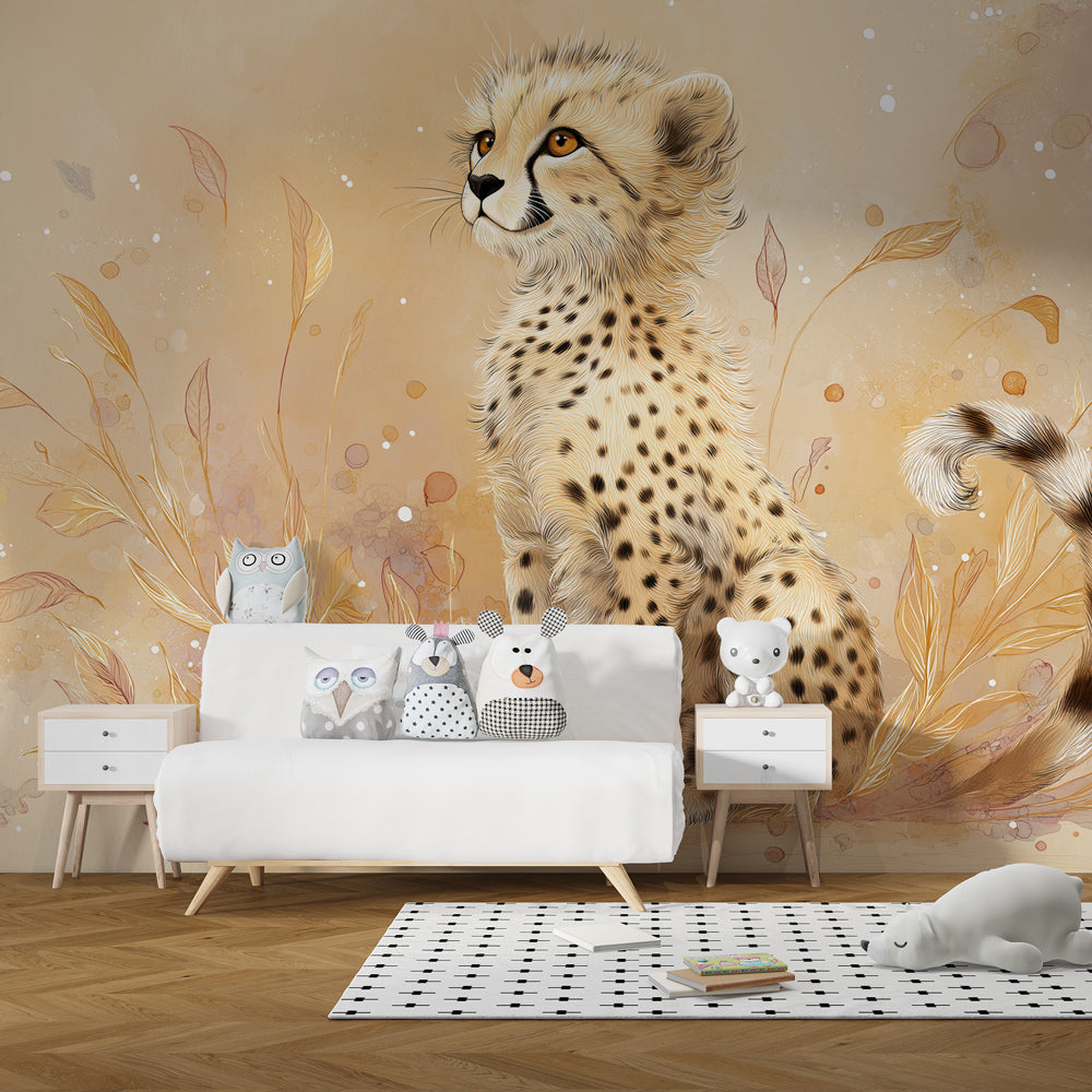 Safari themed cheetah mural wallpaper transforming kids playroom with botanical elements