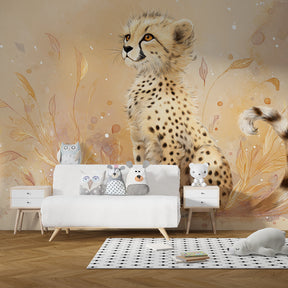 Safari themed cheetah mural wallpaper transforming kids playroom with botanical elements