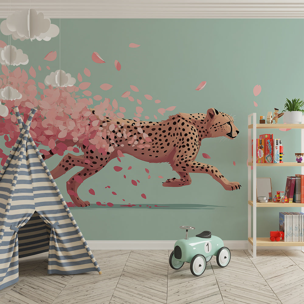 Kids-Mundo cheetah and petals wallpaper mural in a bold kids bedroom feature wall.