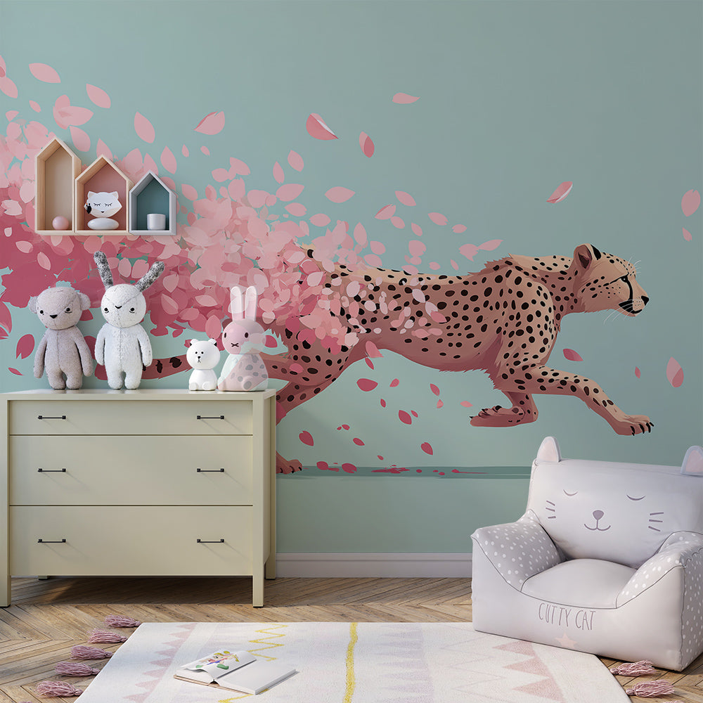 Kids-Mundo cheetah wall mural bringing playful movement to a bright mint green playroom.