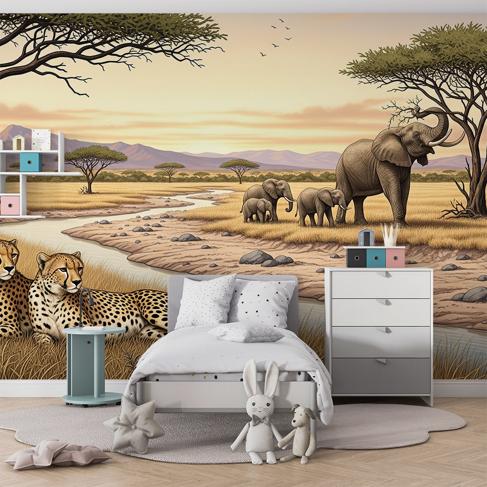 Kids-Mundo savanna wall mural with cheetahs and elephants in a kids bedroom