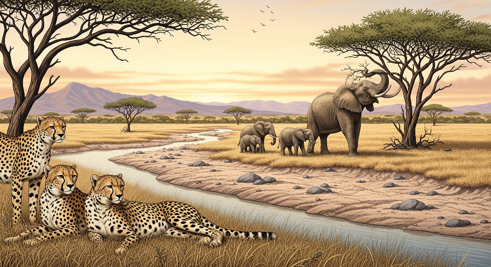Kids-Mundo flat artwork of the cheetah and elephant watering hole mural design
