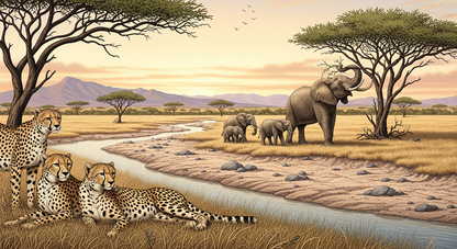 Kids-Mundo flat artwork of the cheetah and elephant watering hole mural design