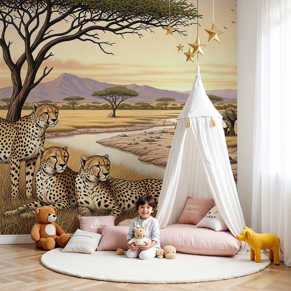 Kids-Mundo cheetah and elephant safari wall mural made to measure for a nursery