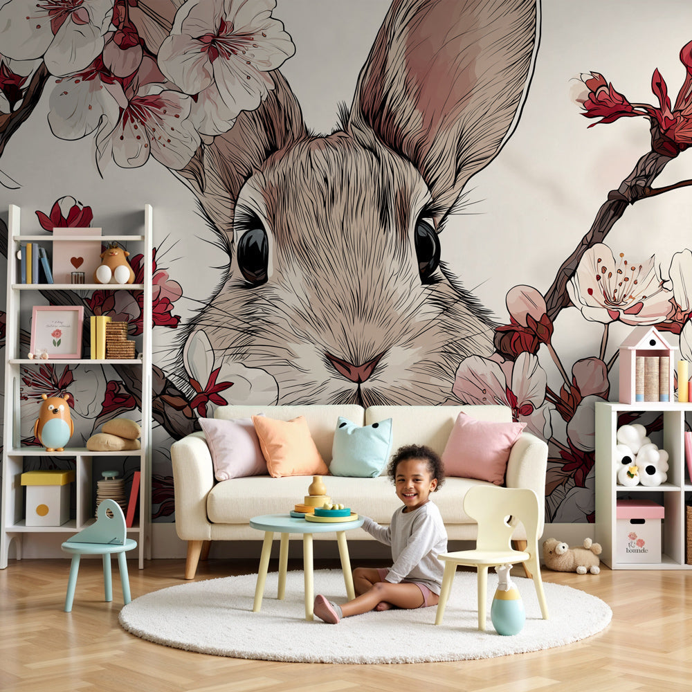 Cherry blossom bunny mural wallpaper in elegant nursery with natural wood crib by Kids-Mundo