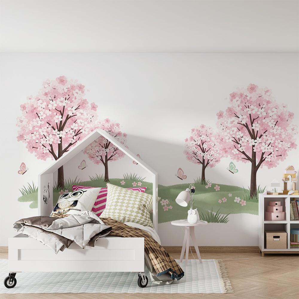 Kids-Mundo cherry blossom wall mural decorating a cosy girl's bedroom feature wall