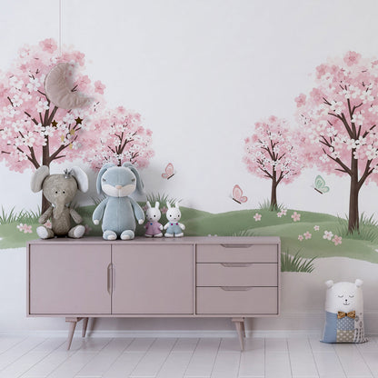 Kids-Mundo blossom and butterfly mural brightening a playful children's playroom wall