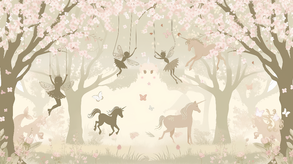 Kids-Mundo flat artwork preview of the cherry blossom fairy forest wall mural design with unicorns