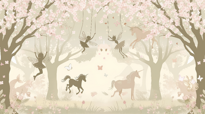 Kids-Mundo flat artwork preview of the cherry blossom fairy forest wall mural design with unicorns