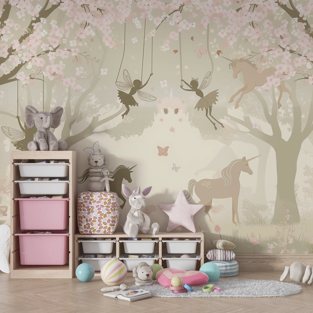 Kids-Mundo made-to-measure fairy and unicorn wall mural decorating a bright playroom wall
