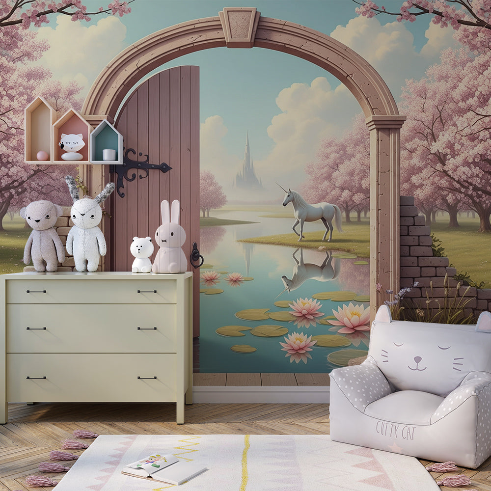 Kids-Mundo unicorn wall mural with a blossom gate and lily pond shown on a kids bedroom wall.